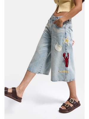 It's Basic Kadın Kot Rengi 4s6-32 Palazzo Nakış Tasarım Bermuda Denim Jort
