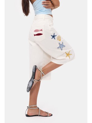It's Basic Kadın Kırık Beyaz 7s6-101 Palazzo Nakış Tasarım Bermuda Denim Jort