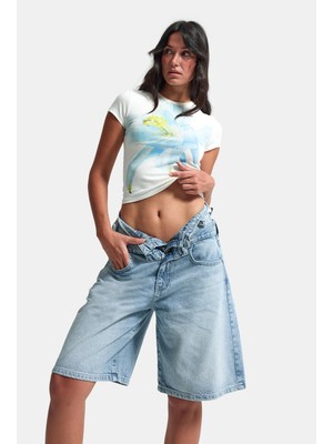 It's Basic Kadın Kot Rengi 4s6-32 Baggy Fit Yüksek Bel Tasarım Denim Bermuda Şort
