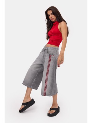 It's Basic Kadın Füme 4s6-13 Süper Baggy Nakışlı Özel Tasarım Jort