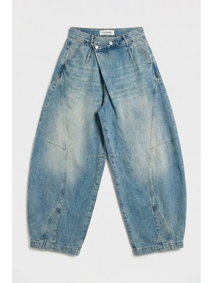 It's Basic Kadın Kot Rengi 4s6-32 Süper Baggy Fit Kemer Detaylı Özel Tasarım Denim Jean
