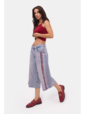 It's Basic Kadın Kot Rengi 4s6-98 Süper Baggy Nakışlı Özel Tasarım Jort