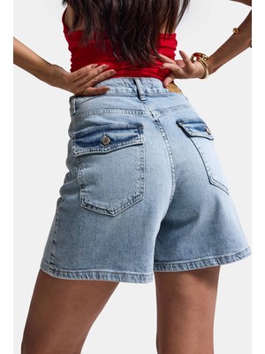 It's Basic Kadın Ice 4s6-3 Relax Fit Midi Boy Esnek Kumaş Denim Şort