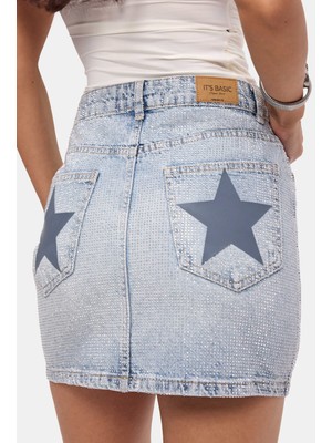It's Basic Kadın Ice T-4s6-3 Straight Mini Parlak Taşlı Tasarım Denim Etek