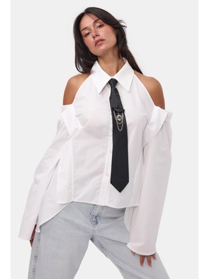 It's Basic Kadın Beyaz Oversize Kravatlı Özel Tasarım Gömlek