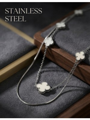 Stainless Steel 316L Çelik Zincir Gümüş Renk Italyan Zincirli Yonca Model Kolye