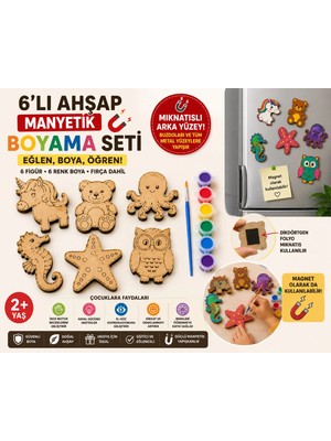 Minik Mucitler Hobi ve Oyuncak 6’lı Eğitici Mıknatıslı Ahşap Boyama Seti – Unicorn, Ayıcık ve Deniz Canlıları | Mdf Figür + Boya + Fırça