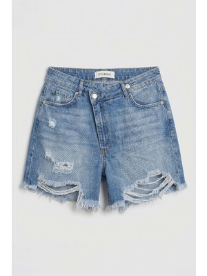 It's Basic Kadın Mavi 10s6-4 Relax Fit Kemer Detaylı Denim Şort