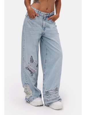 It's Basic Kadın Ice 12s6-3 Süper Baggy Özel Nakışlı Tasarım Denim Jean