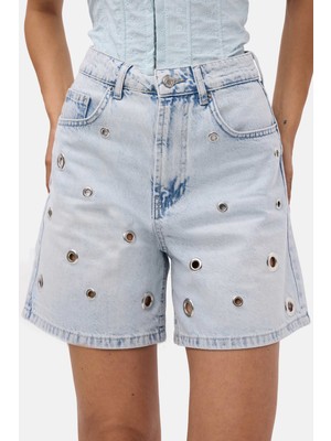 It's Basic Kadın Kot Rengi 4s6-3 Relax Mom Kuş Gözü Detaylı Tasarım Denim Şort
