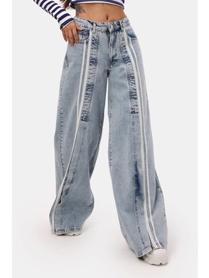 It's Basic Kadın Kot Rengi 3s6-27 Palazzo Fit Şerit Detaylı Tasarım Denim Jean