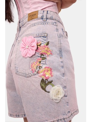 It's Basic Kadın Kot Pembe 4s6-89 Mom Relax Gül ve Nakış Detaylı Özel Tasarım Denim Şort