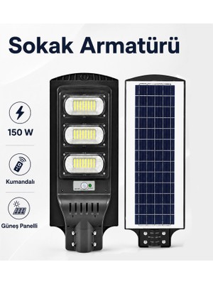 Badem10 Solar LED Sokak Armatürü 150W Güneş Panelli Kumandalı Dış Mekan Bahçe Aydınlatma Lambası