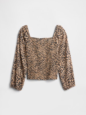 Gap Kız Çocuk Kahverengi Kare Yaka Leoparlı Bluz