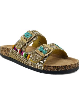 Bags Shoes Guja 25Y102-2 Kadın Mantar Taban Çift Bant Taşlı Premium Terlik