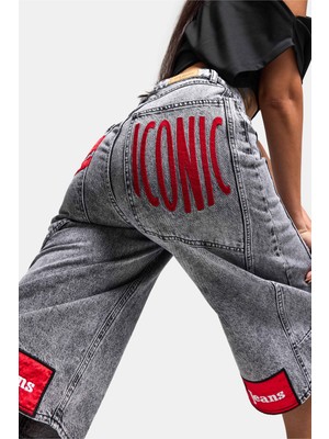 It's Basic Kadın Gri Renk 4s6-13 Mega Baggy Fit Paça ve Cep Detaylı Özel Tasarım Denim Şort