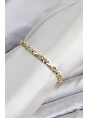 Erdo Ticaret cm Çapraz Zincir Model Zirkon Taşlı Vıp Seri Gold Renk Pirinç Kadın Bileklik