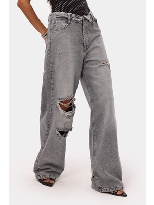 It's Basic Kadın Füme 12s6-12 Straight Fit Kemer Detaylı Özel Tasarım Denim Jean