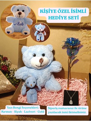 Paganca Mavi Ayıcık 25CM - Ayıcık Anahtarlık - Çelik Kolye - Sonsuzluk Gülü Kişiye Özel Hediye Seti