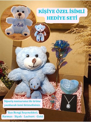 Paganca Mavi Ayıcık 25CM - Anahtarlık - Dilek Şişesi - Kalpli Kutu - Sonsuzluk Gülü - Kolye İsimli Hediye Seti