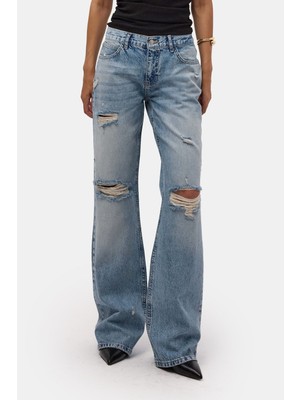 It's Basic Kadın Kot Rengi 12s6-32 Bootcut Fit Yırtık Detaylı Denim Jean