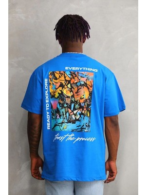 Vexor Erkek Bisiklet Yaka Baskılı Oversize T-Shirt - Mavi