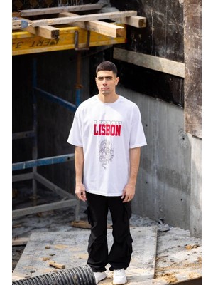 Vexor Erkek Kısa Kol Yazlık Tişört Bisiklet Yaka Baskılı Oversize T-Shirt - Beyaz