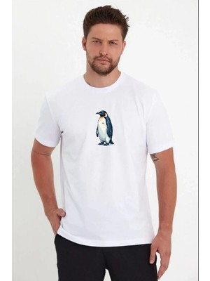 Vexor Erkek T-Shirt Penguen Baskılı Bisiklet Yaka Kısa Kol Yazlık Tişört - Beyaz