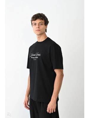 Vexor Erkek Kısa Kol Yazlık Tişört Bisiklet Yaka Baskılı Oversize T-Shirt - Siyah
