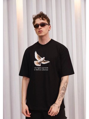Vexor Erkek Kısa Kol Yazlık Tişört Bisiklet Yaka Baskılı Oversize T-Shirt - Siyah