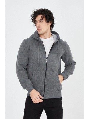 Vexor Erkek 3 Iplik Pamuklu Fermuarlı Kapüşonlu Kanguru Cepli Hoodie Hırka Sweatshirt - Füme