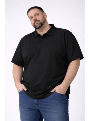 Vexor Erkek Polo Yaka Düğmeli Tişört Pike Kumaş Battal Beden Kısa Kol T-Shirt - Siyah