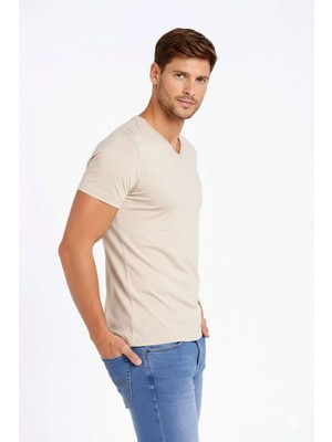 Vexor Erkek Body T-Shirt V Yaka Slim Fit Likralı Kısa Kol Tişört - Taş