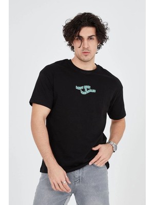 Vexor Erkek Baskılı T-Shirt Kısa Kol Bisiklet Yaka Regular Fit Rahat Kalıp Günlük Tişört - Siyah