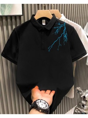Vexor Erkek Polo Yaka Tişört Düğmeli Yıldırım Baskılı Pike T-Shirt - Siyah