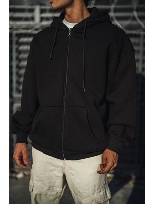 Vexor Erkek Tam Fermuarlı Cepli Kapüşonlu 3 Iplik Pamuklu Hoodie Sweatshirt - Siyah