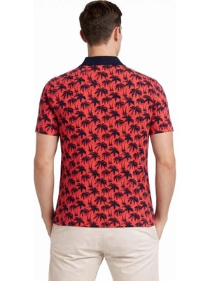 Vexor Erkek Pike Kumaş Polo Yaka Palmiye Desenli Tişört Kısa Kol Yazlık T-Shirt - Kırmızı