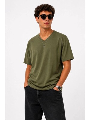 Vexor Erkek V Yaka Basic Tişört Kısa Kol Yazlık Regular Fit T-Shirt - Haki