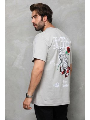 Vexor Erkek Kısa Kol Yazlık Tişört Bisiklet Yaka Baskılı Oversize T-Shirt - Gri