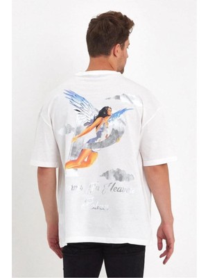 Vexor Erkek Kısa Kol Tişört Bisiklet Yaka Melek Baskılı Oversize T-Shirt - Beyaz
