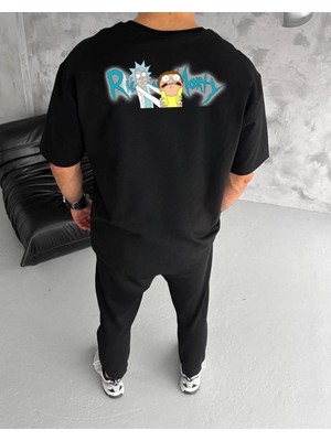 Vexor Erkek Kısa Kol Tişört Bisiklet Yaka Rick And Morty Baskılı T-Shirt - Siyah