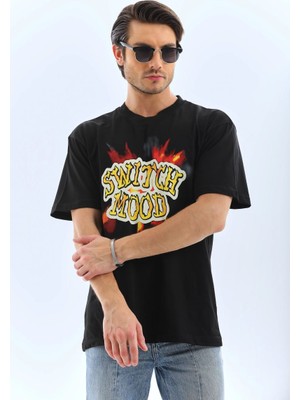 Vexor Erkek Kısa Kol Yazlık Tişört Bisiklet Yaka Baskılı Oversize T-Shirt - Siyah