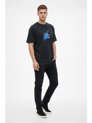 Vexor Erkek Asit Yıkamalı Oversize Tişört Bisiklet Yaka Kısa Kol T-Shirt - Siyah