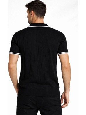 Vexor Erkek Yazlık Dokuma Triko Tişört Fermuarlı Polo Yaka Kısa Kol T-Shirt - Siyah