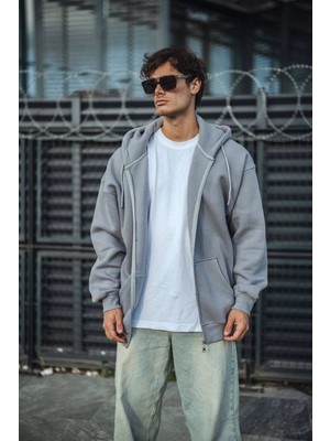 Vexor Erkek Tam Fermuarlı Cepli Kapüşonlu 3 Iplik Pamuklu Hoodie Sweatshirt - Gri