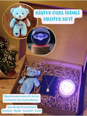 Paganca İsimli Hediye Seti / Ayıcık Anahtarlık - Çelik Kolye - Ahşap  Renk Değiştiren Usb'li Cam Küre