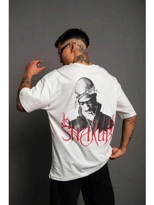 Vexor Erkek Baskılı T-Shirt Oversize kısa Kol Bisiklet Yaka Tişort - Beyaz