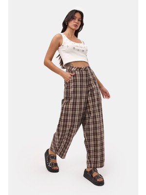 It's Basic Kadın Kahve Ekose s6-14 Skater Fit Bol Kesim Pantolon