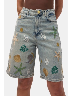 It's Basic Kadın Kot Rengi 4s6-65 Nakışlı Özel Tasarım Bermuda Denim Şort
