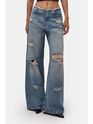 It's Basic Kadın Kot Rengi 12s6-32 Straight Fit Yırtık Detaylı Tasarım Denim Jean